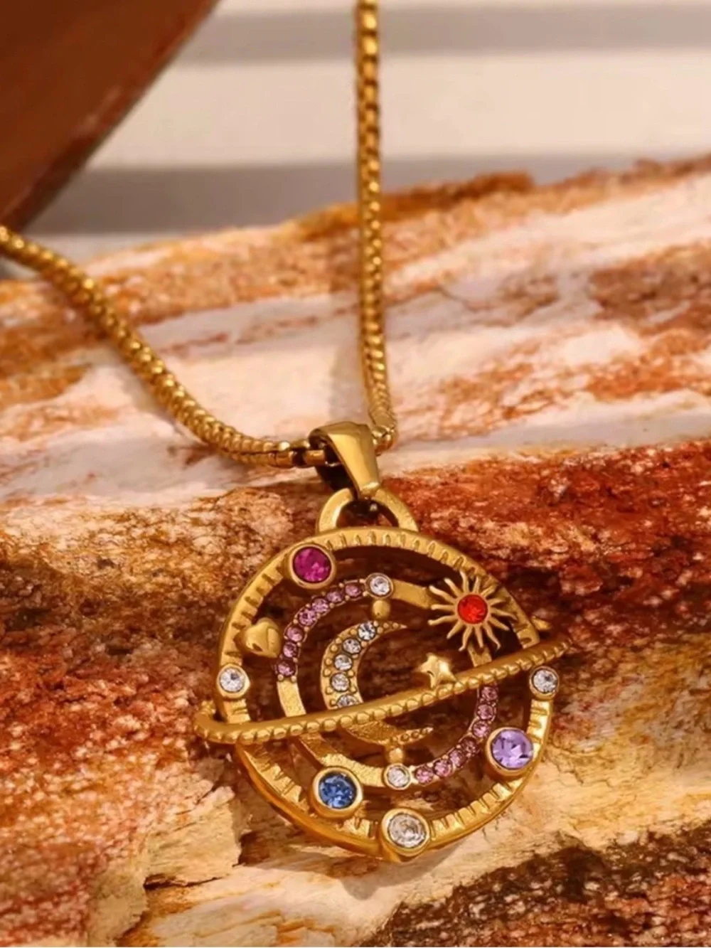 NEW 18K Gold Plated Moon Star Planet Necklace Stainless Steel